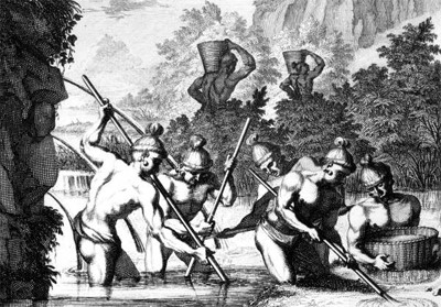 1562 lithograph of natives collecting gold in streams