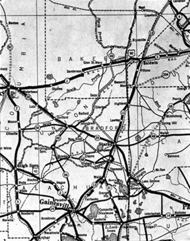 Road map of Baker, Bradford and Alachua Counties in 1930