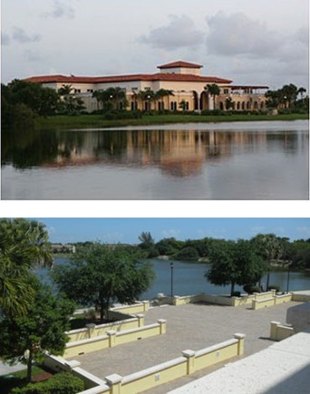 Photo collage of exterior view of Spanish River library from across a lake and overlooking a patio